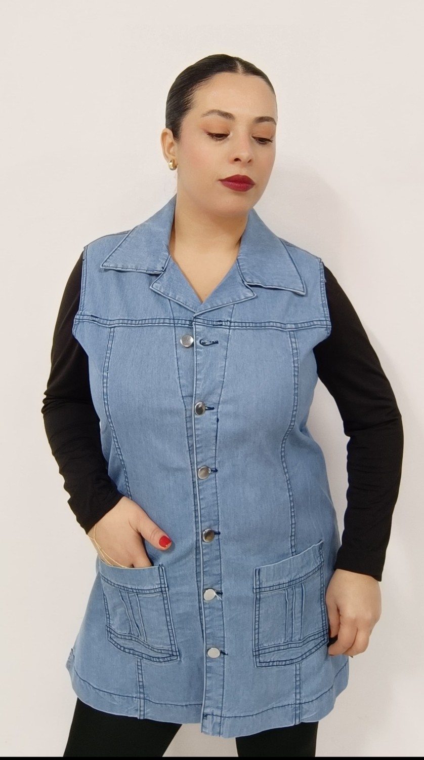 Akşen Giyim Büyük Beden Likralı %100 Pamuk Iki Cepli Metal Düğmeli 75 cm Boyda Denim Jean Yelek görsel 2