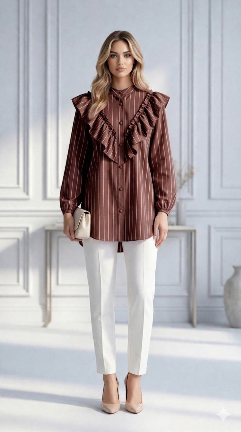 Trendparis Şık ve Feminen Fırfır Detaylı Çizgili Bluz