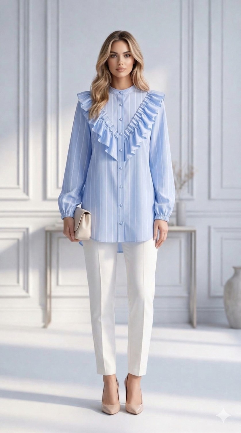 Trendparis Şık ve Feminen Fırfır Detaylı Çizgili Bluz