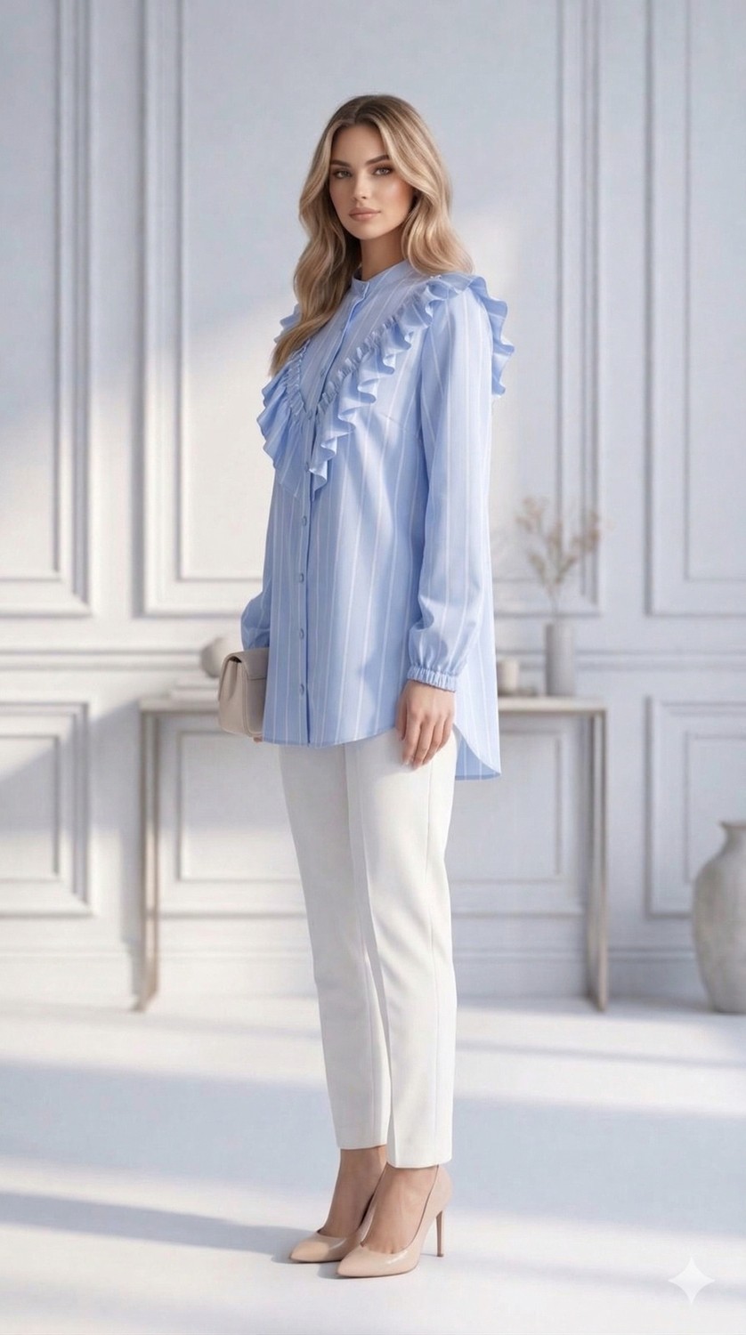 Trendparis Şık ve Feminen Fırfır Detaylı Çizgili Bluz görsel 7