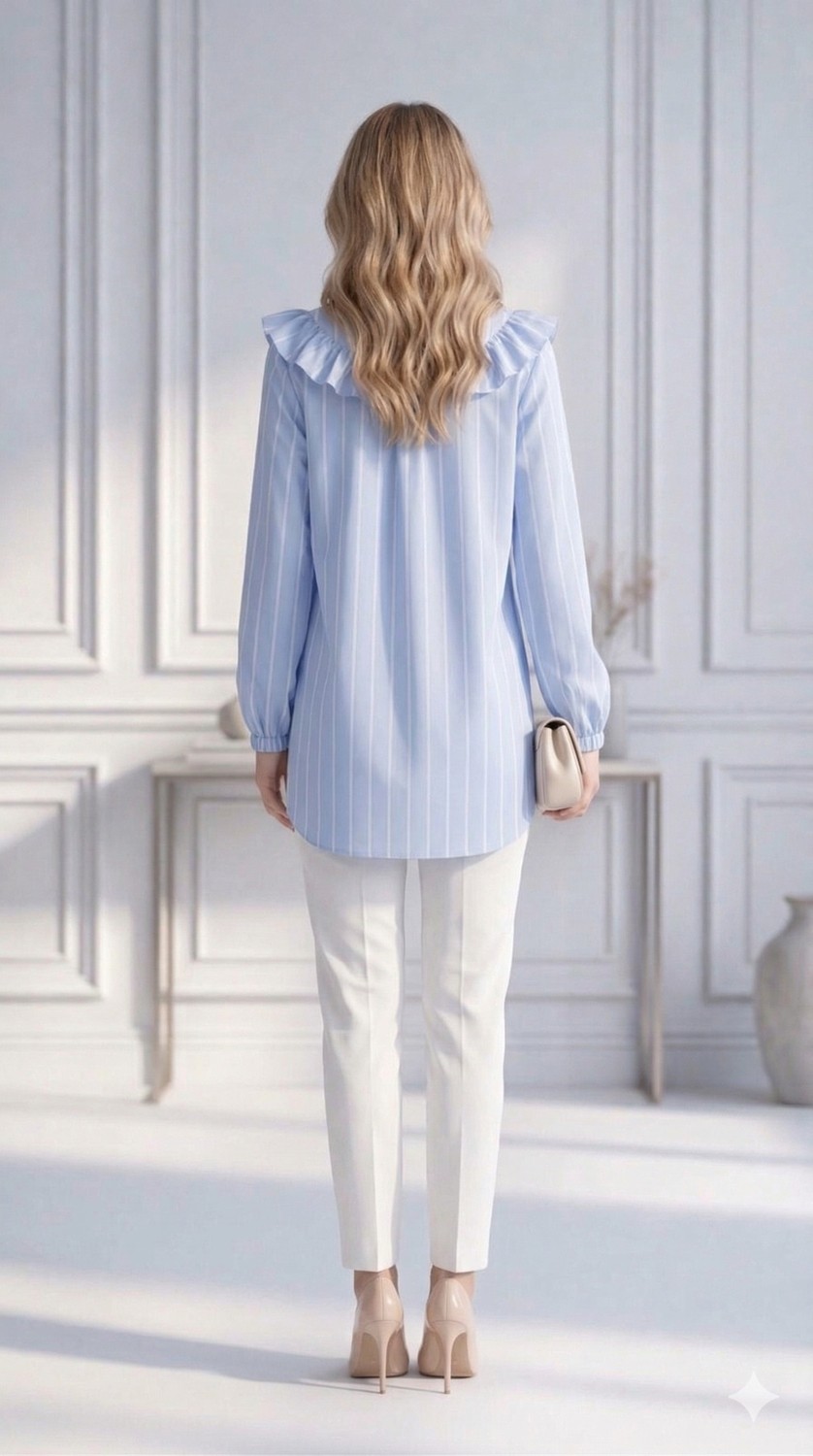 Trendparis Şık ve Feminen Fırfır Detaylı Çizgili Bluz görsel 8