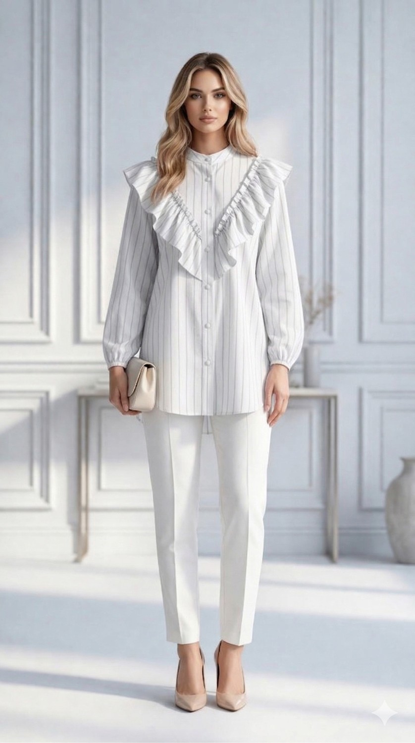 Trendparis Şık ve Feminen Fırfır Detaylı Çizgili Bluz