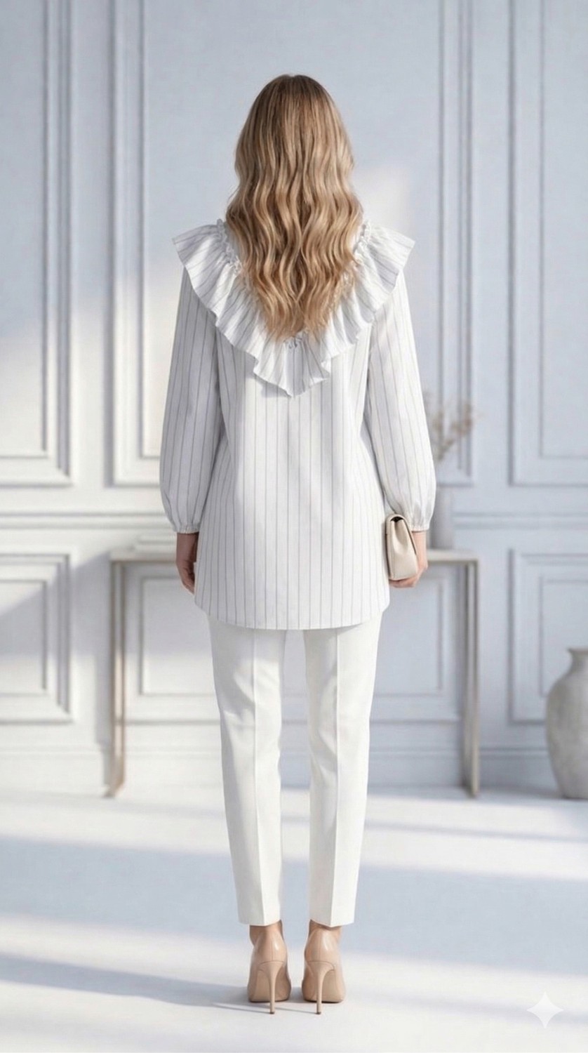 Trendparis Şık ve Feminen Fırfır Detaylı Çizgili Bluz görsel 2