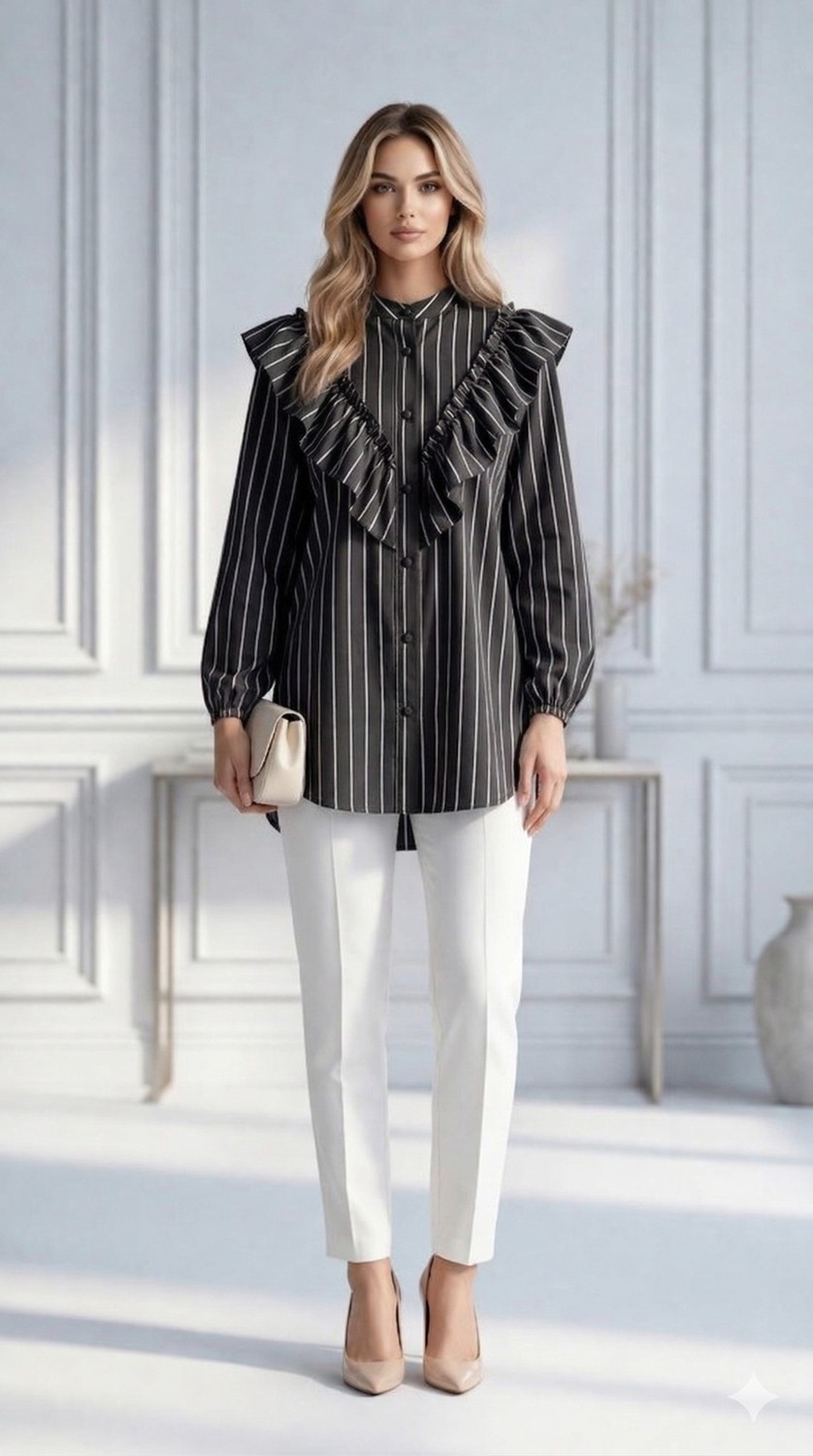 Trendparis Şık ve Feminen Fırfır Detaylı Çizgili Bluz