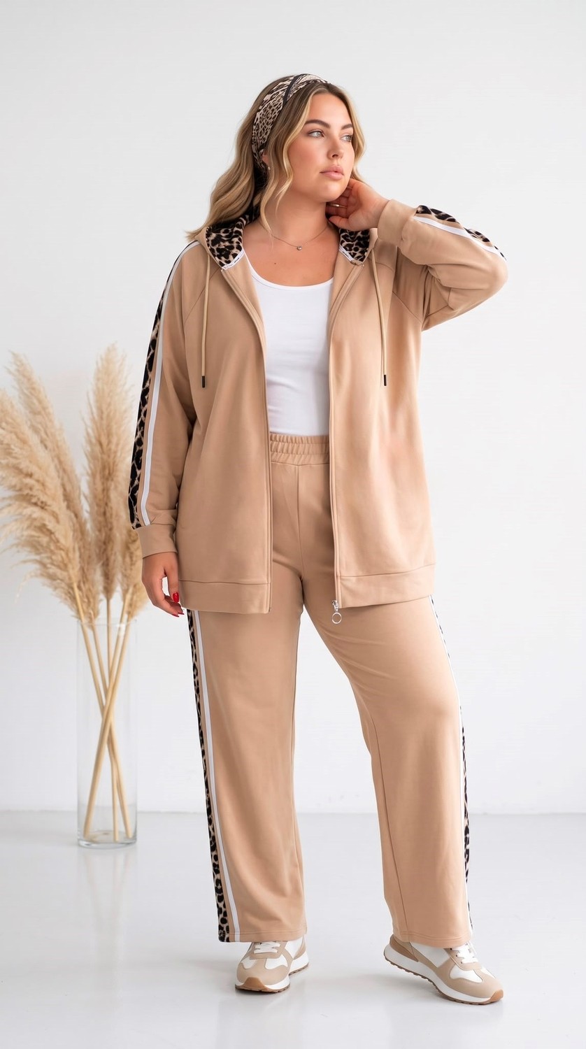 Koza Butik Kadın Büyük Beden Uzun Kollu Kapüşonlu Leopar Detaylı Eşofman Takımı 8284-26 görsel 5