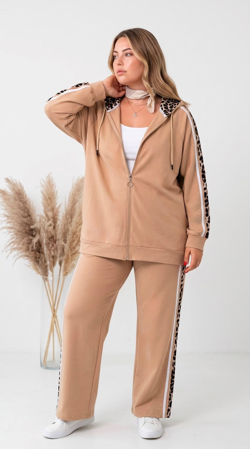 Koza Butik Kadın Büyük Beden Uzun Kollu Kapüşonlu Leopar Detaylı Eşofman Takımı 8284-26 görsel 6
