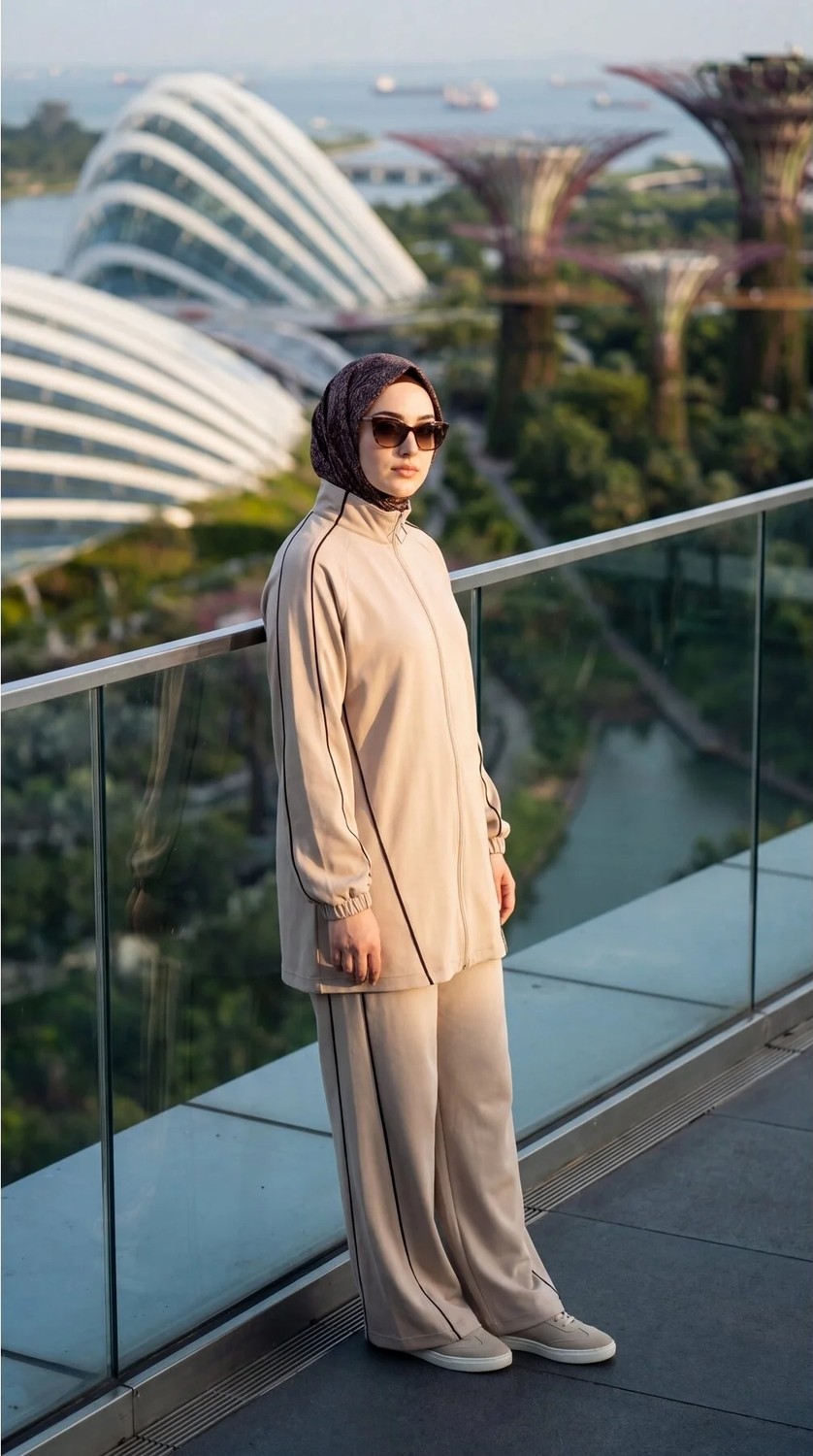 MİMİ LUXURY WEAR Kadın Tesettür Eşofman Takımı Fermuarlı Dik Yaka, Şerit Detaylı Spor ve Şık 2’li Takım 3008