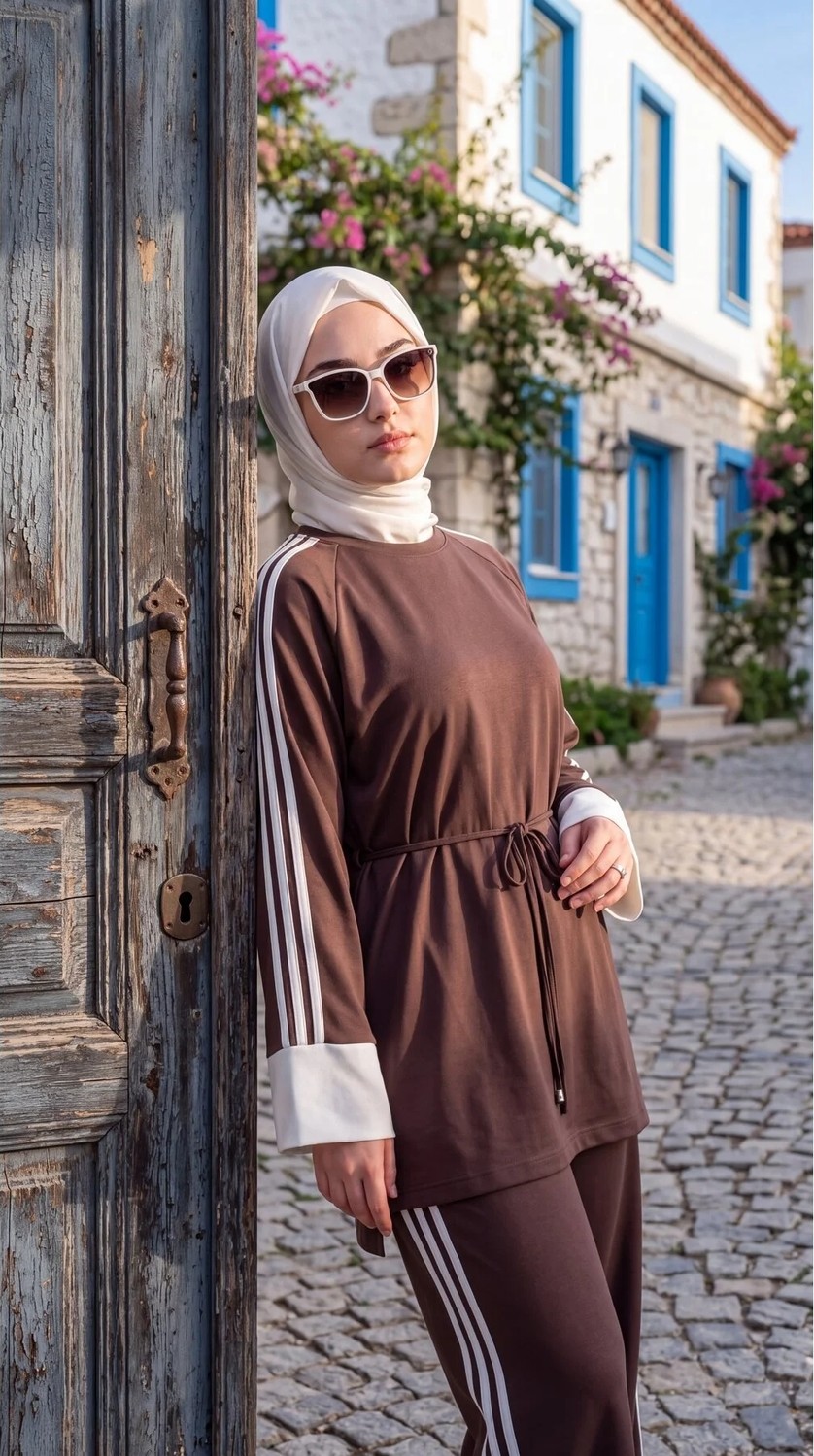 MİMİ LUXURY WEAR Kadın Belden Bağlamalı Kolu Beyaz Manşetli Şeritli Ikili Takım 3004 görsel 7