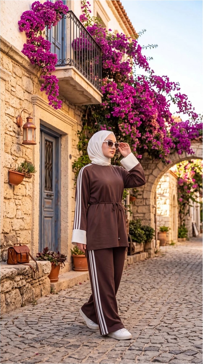 MİMİ LUXURY WEAR Kadın Belden Bağlamalı Kolu Beyaz Manşetli Şeritli Ikili Takım 3004 görsel 8