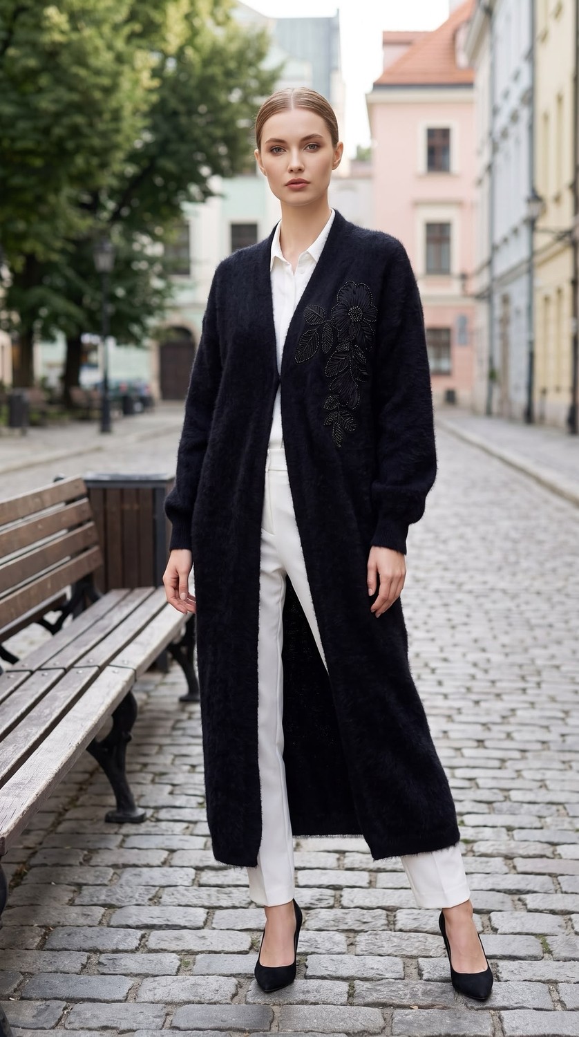 Aymiss Moda Angora,uzun,boncuk Aplikeli Uzun HIRKA(130CM) görsel 7