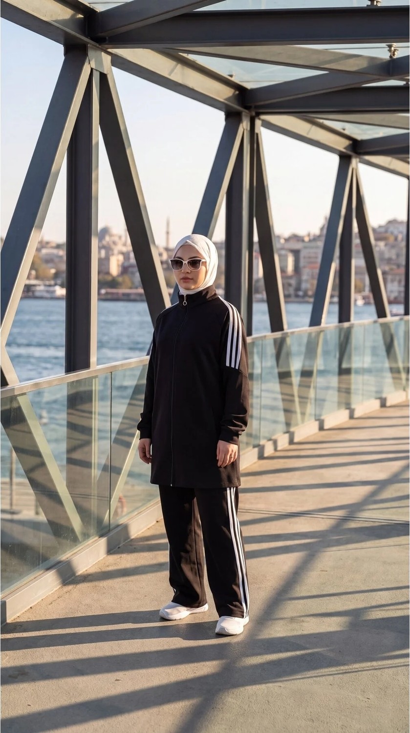 MİMİ LUXURY WEAR Kadın Yanı Şeritli Fermuarlı Rahat Kesim Tesettür Eşofman Takımı 3007