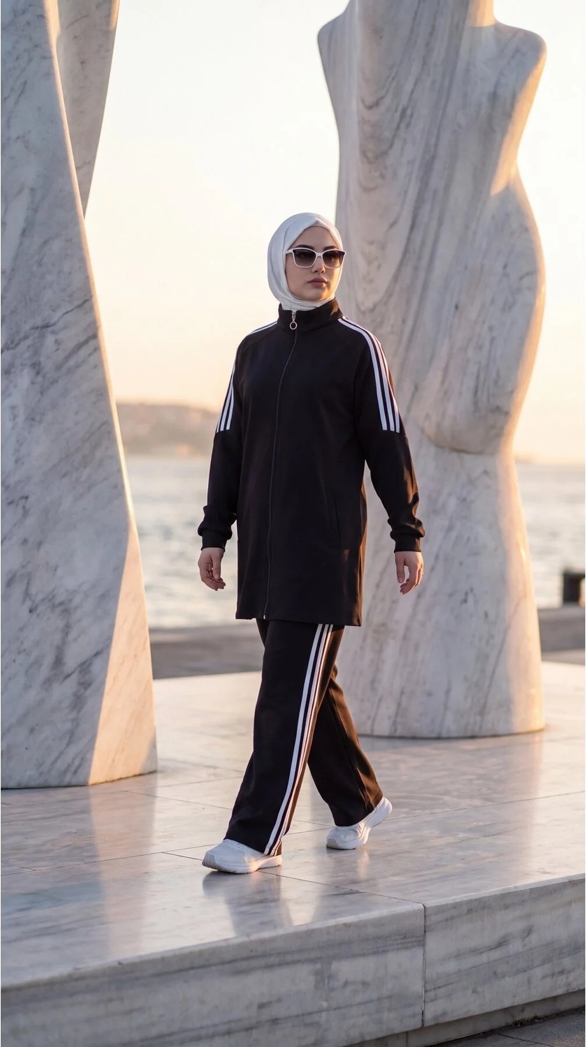 MİMİ LUXURY WEAR Kadın Yanı Şeritli Fermuarlı Rahat Kesim Tesettür Eşofman Takımı 3007 görsel 2