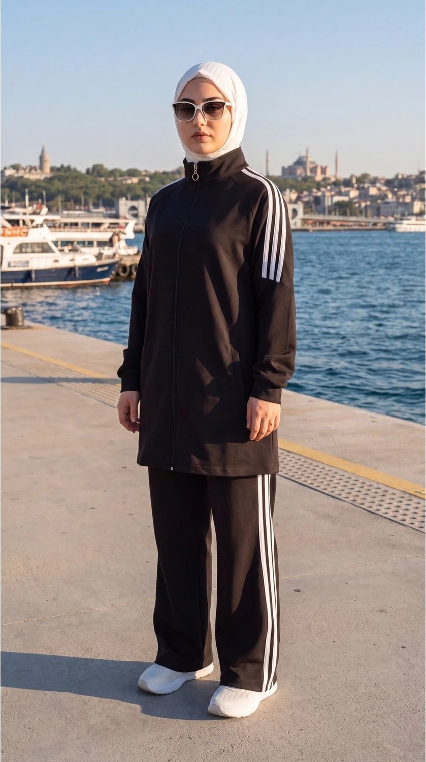 MİMİ LUXURY WEAR Kadın Yanı Şeritli Fermuarlı Rahat Kesim Tesettür Eşofman Takımı 3007 görsel 3