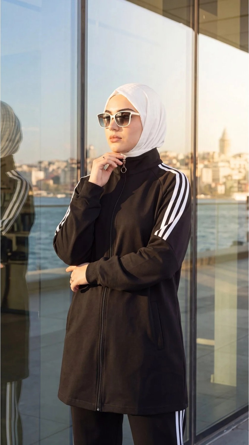 MİMİ LUXURY WEAR Kadın Yanı Şeritli Fermuarlı Rahat Kesim Tesettür Eşofman Takımı 3007 görsel 4