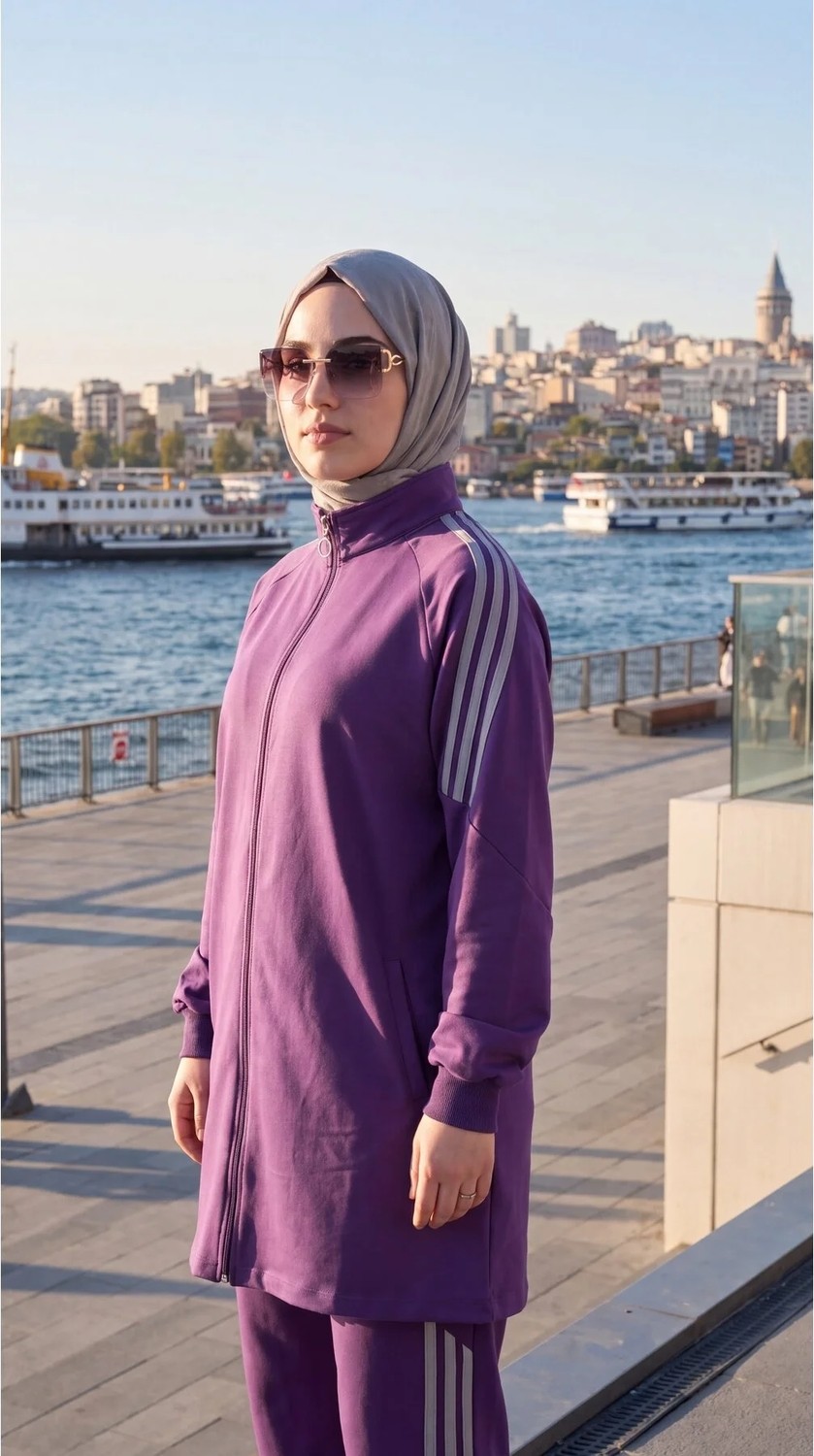 MİMİ LUXURY WEAR Kadın Yanı Şeritli Fermuarlı Rahat Kesim Tesettür Eşofman Takımı 3007