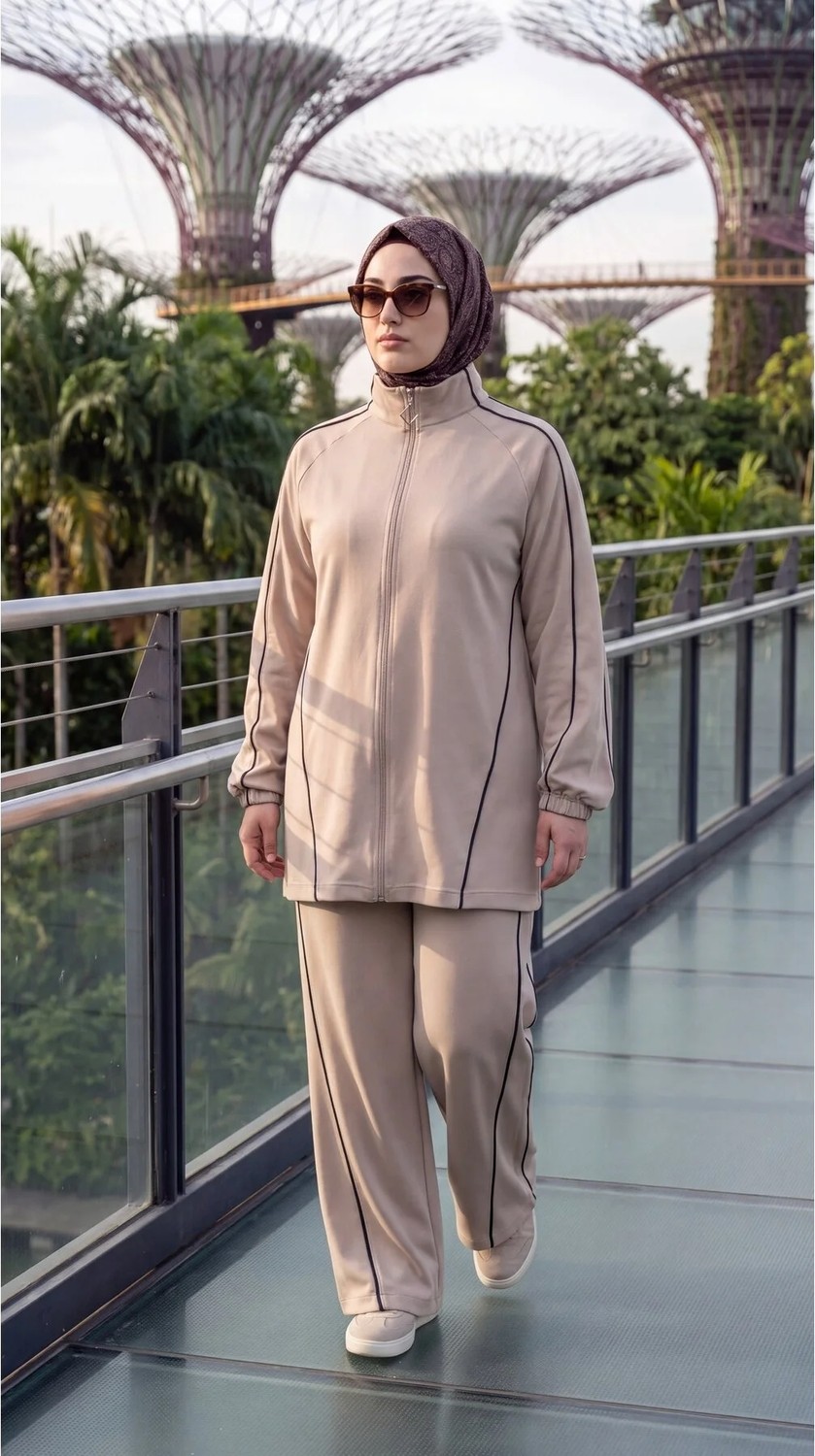 MİMİ LUXURY WEAR Kadın Tesettür Eşofman Takımı Fermuarlı Dik Yaka, Şerit Detaylı Spor ve Şık 2’li Takım 3008 görsel 3