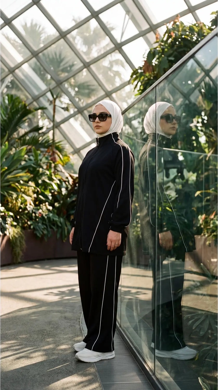 MİMİ LUXURY WEAR Kadın Tesettür Eşofman Takımı Fermuarlı Dik Yaka, Şerit Detaylı Spor ve Şık 2’li Takım 3008 görsel 8