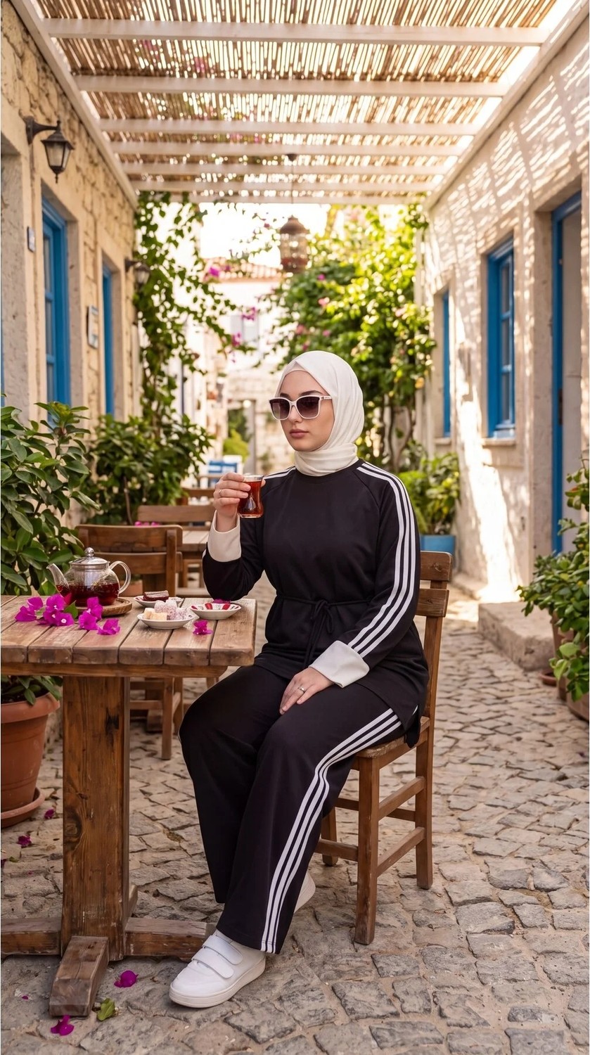 MİMİ LUXURY WEAR Kadın Belden Bağlamalı Kolu Beyaz Manşetli Şeritli Ikili Takım 3004 görsel 2