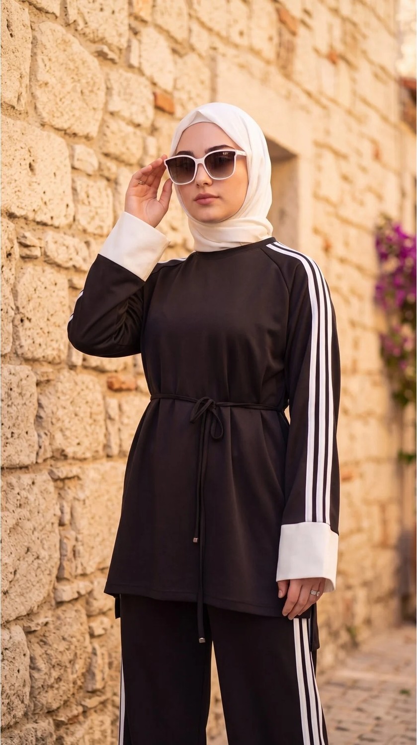 MİMİ LUXURY WEAR Kadın Belden Bağlamalı Kolu Beyaz Manşetli Şeritli Ikili Takım 3004 görsel 4