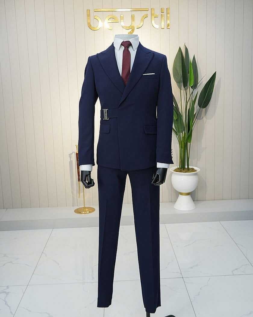 Beystil Erkek Lacivert Slimfit Beli Tokalı Takım Elbise