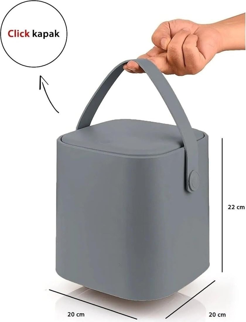 OEM Tutma Saplı Iç Kovalı Tezgah Üstü Mutfak Çöp Kovası, 4 Litre, Kilitli Kapak, Click Kapak, 20X20X22 cm (Gri, 4 Litre) görsel 2