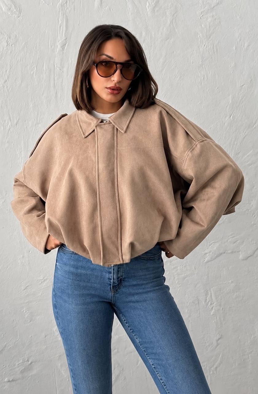Trendparis Kadın Oversize Süet Bomber Ceket - Düşük Omuzlu Bej görsel 5