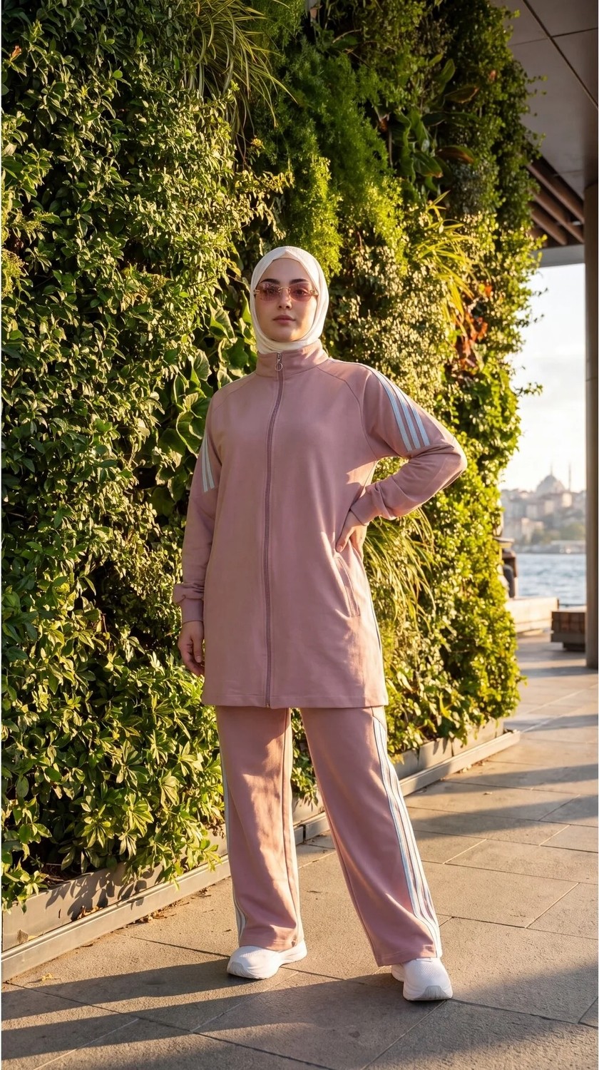 MİMİ LUXURY WEAR Kadın Yanı Şeritli Fermuarlı Rahat Kesim Tesettür Eşofman Takımı 3007 görsel 5