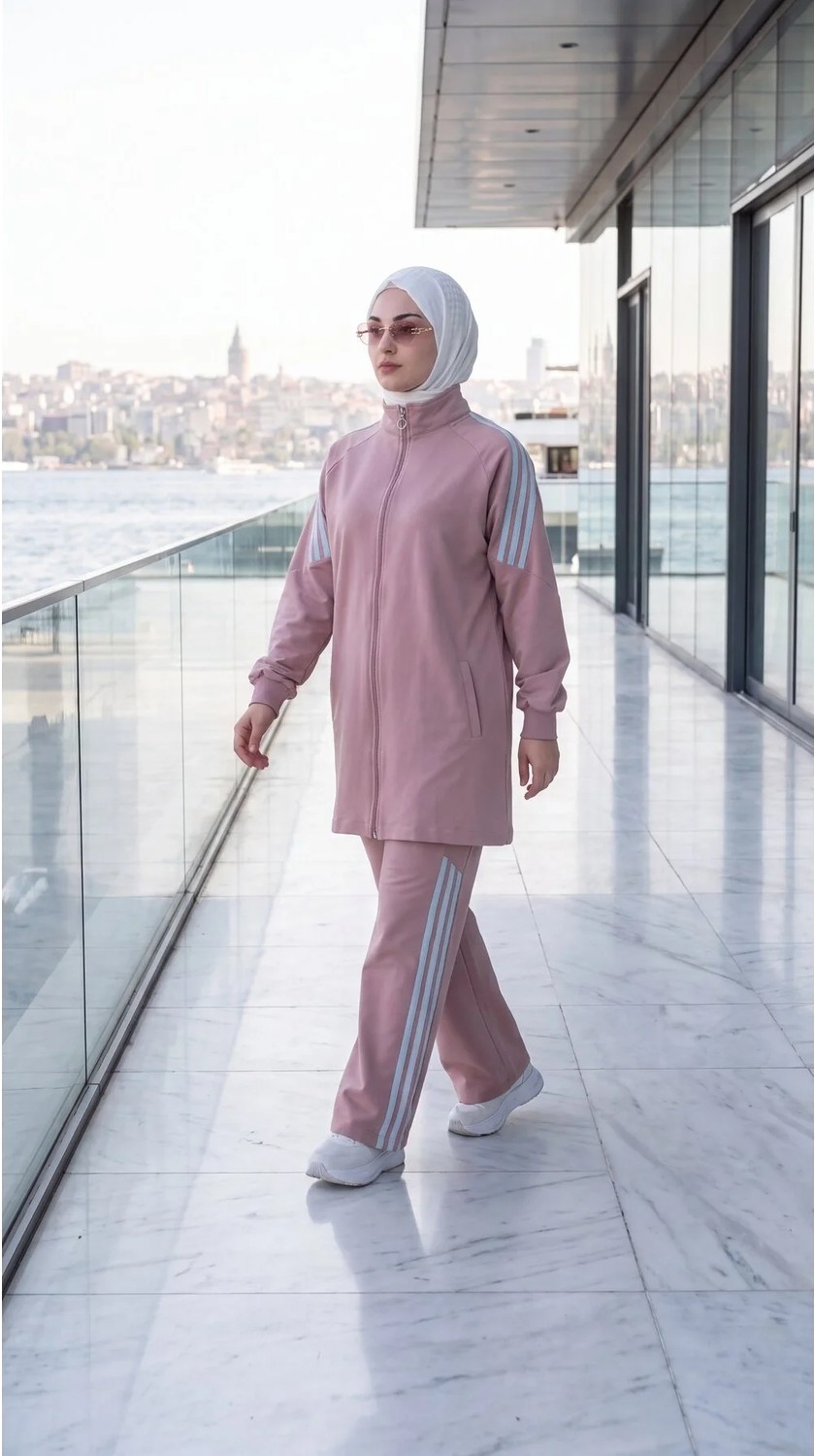 MİMİ LUXURY WEAR Kadın Yanı Şeritli Fermuarlı Rahat Kesim Tesettür Eşofman Takımı 3007 görsel 6