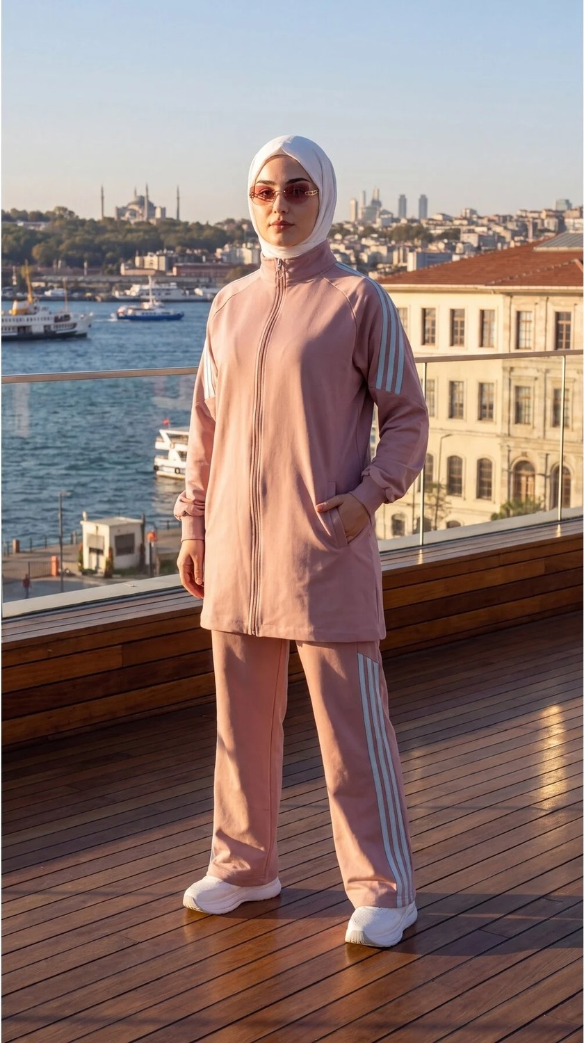 MİMİ LUXURY WEAR Kadın Yanı Şeritli Fermuarlı Rahat Kesim Tesettür Eşofman Takımı 3007 görsel 7