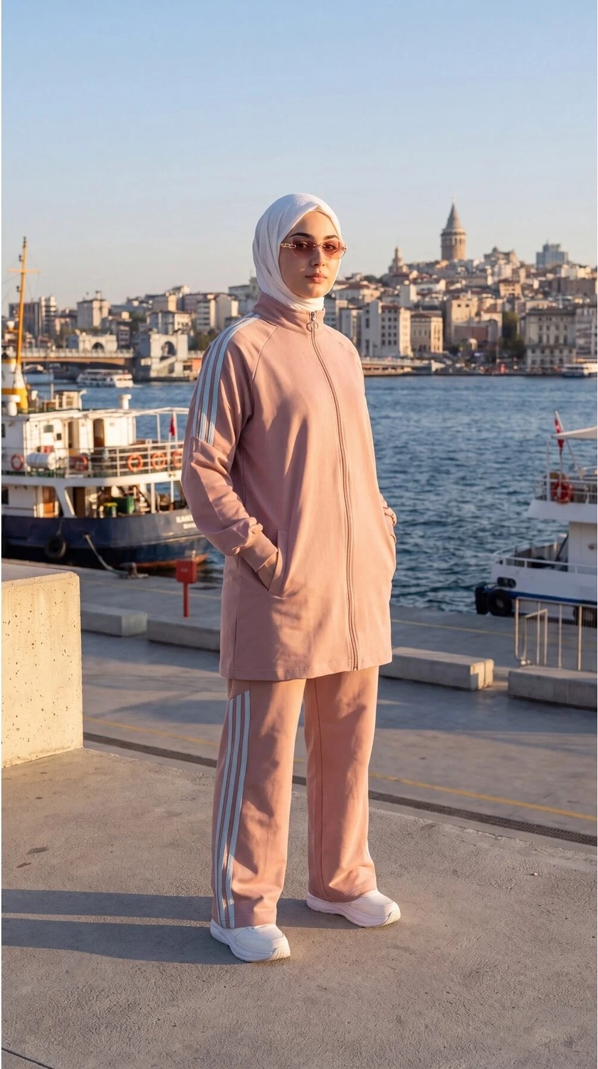 MİMİ LUXURY WEAR Kadın Yanı Şeritli Fermuarlı Rahat Kesim Tesettür Eşofman Takımı 3007 görsel 8