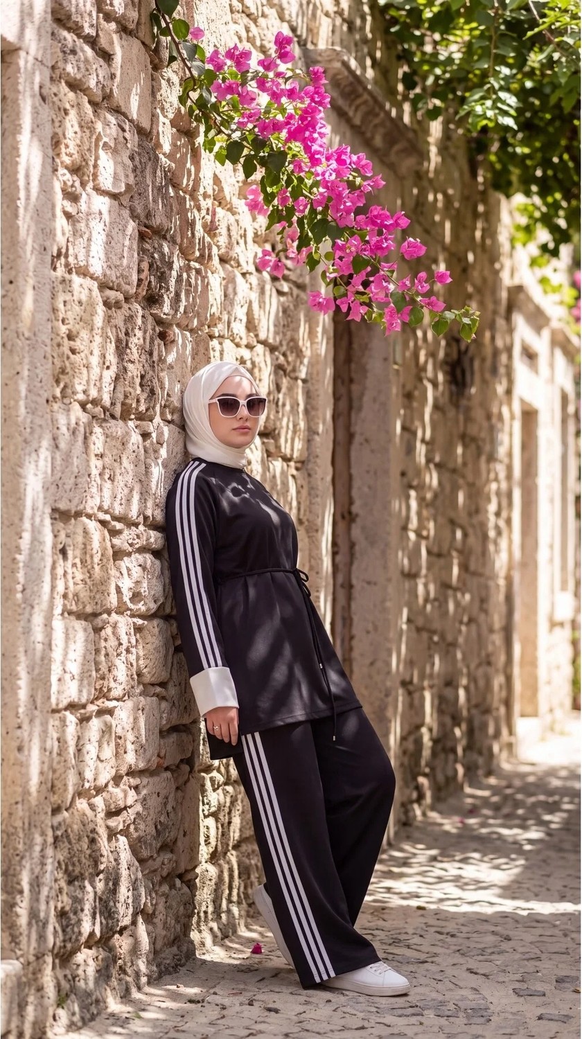 MİMİ LUXURY WEAR Kadın Belden Bağlamalı Kolu Beyaz Manşetli Şeritli Ikili Takım 3004