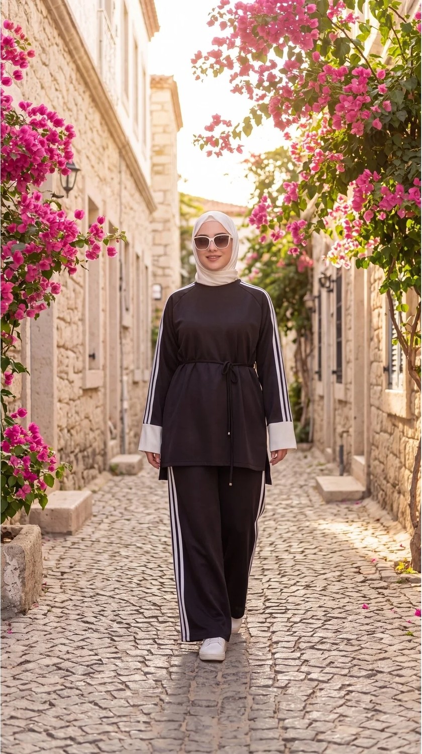 MİMİ LUXURY WEAR Kadın Belden Bağlamalı Kolu Beyaz Manşetli Şeritli Ikili Takım 3004 görsel 3