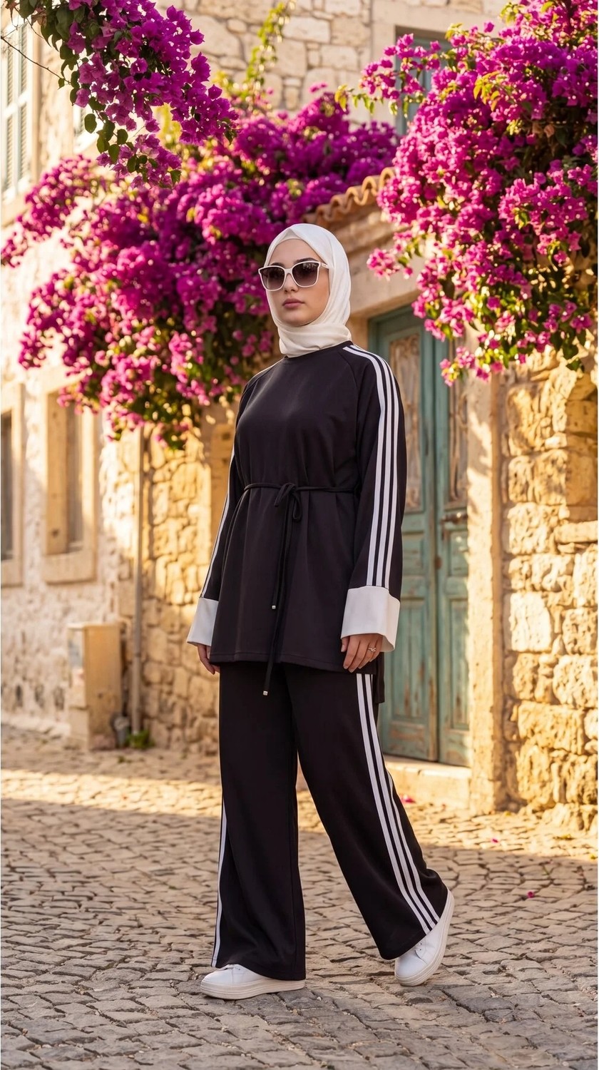 MİMİ LUXURY WEAR Kadın Belden Bağlamalı Kolu Beyaz Manşetli Şeritli Ikili Takım 3004 görsel 5