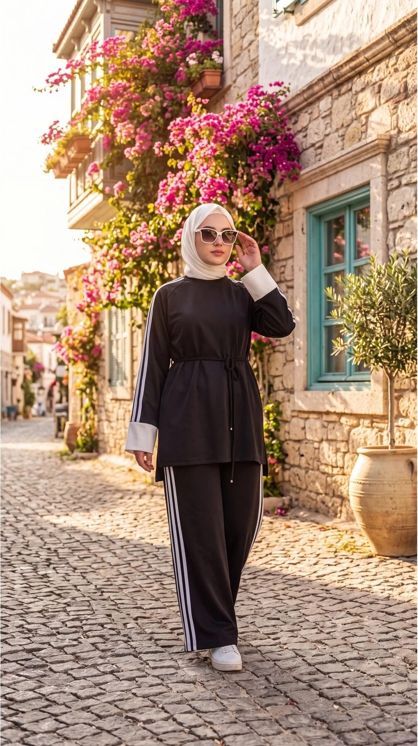 MİMİ LUXURY WEAR Kadın Belden Bağlamalı Kolu Beyaz Manşetli Şeritli Ikili Takım 3004 görsel 6