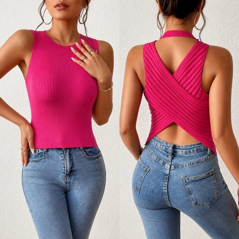 TeknoKapsül Kadın Sıfır Kol Sırt Çapraz Detay Triko Bluz - Pembe / Standart görsel 3