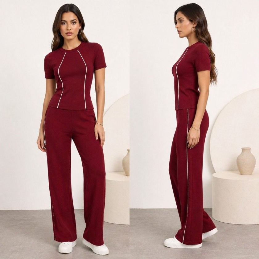TeknoKapsül Kadın Biye Detay Pantolonlu Takım - Bordo / Xl