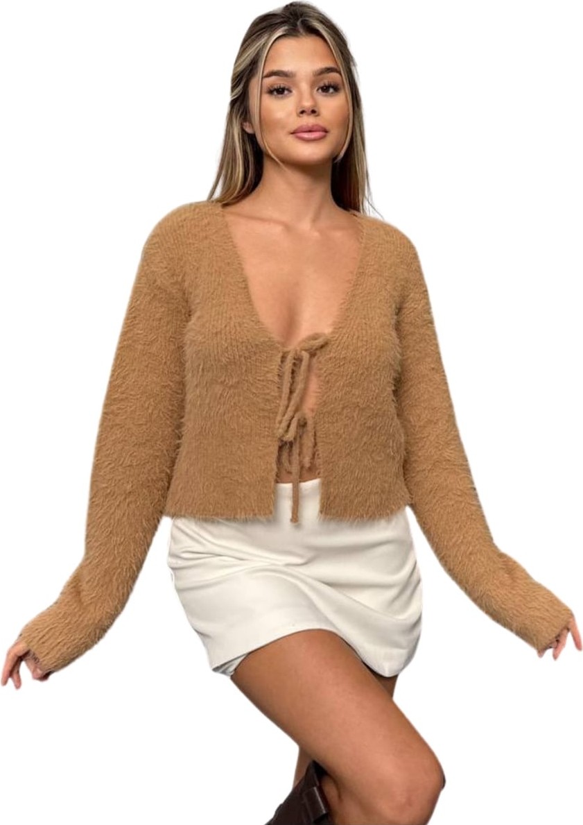 Kechi Woman Sakallı Bağlamalı Camel Renk Triko Hırka, Çok Renkli görsel 3