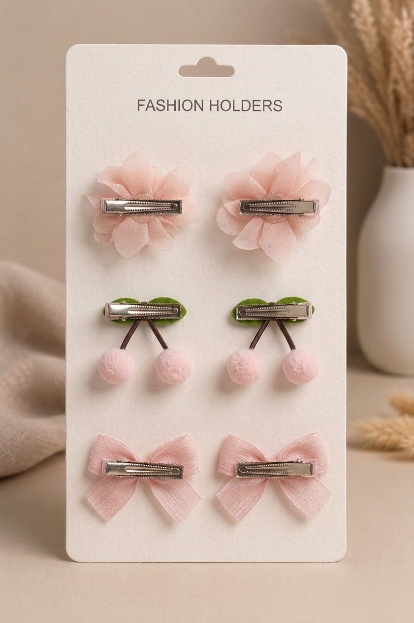 Laria Pembe Kirazlı Çiçek ve Fiyonklu 6'lı Bebek Çocuk Toka Set görsel 3