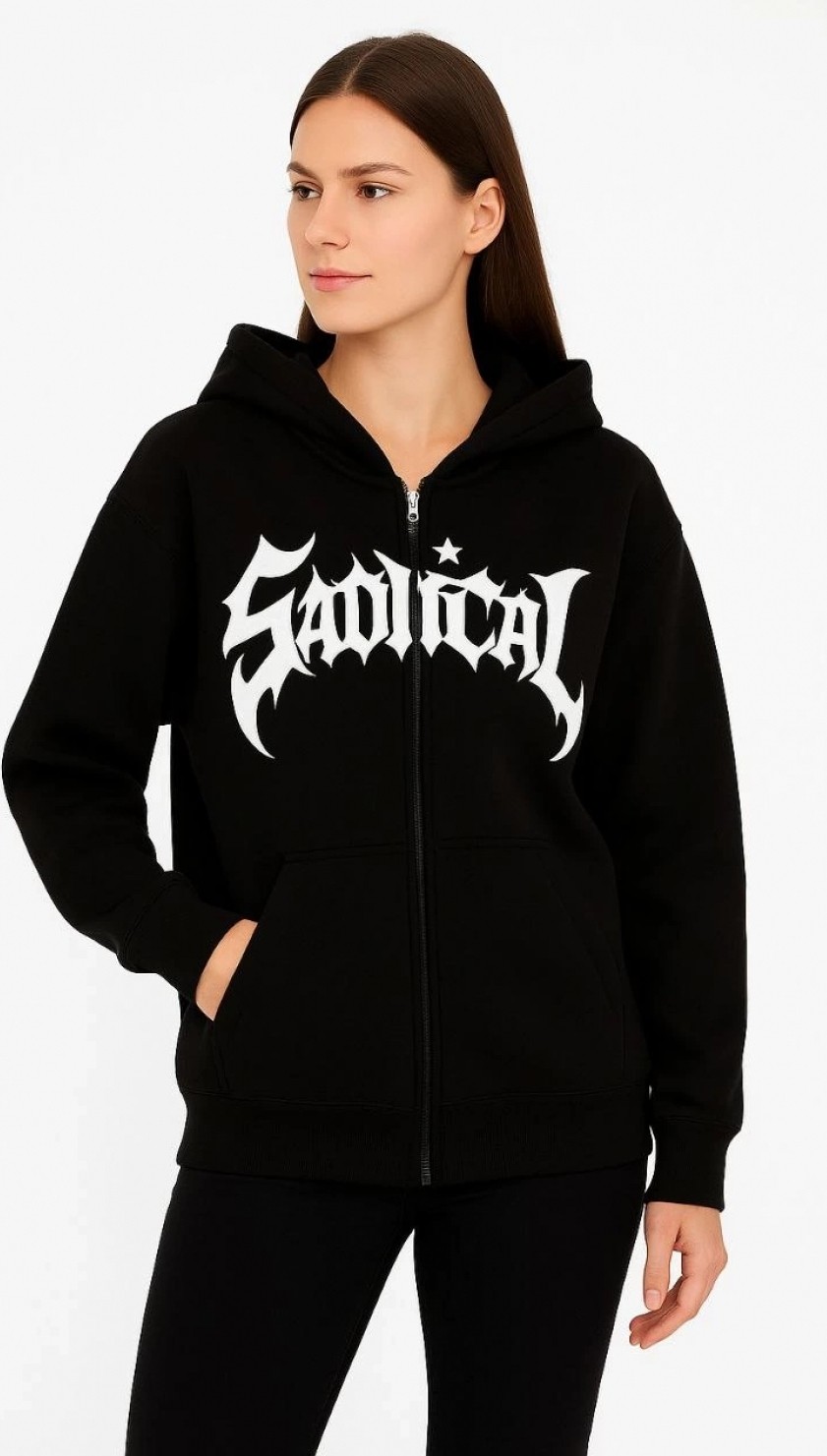Pileli Store Oversize Kapüşonlu Sweatshirt Hoodie 3 Iplik Şardonlu Pamuklu Kumaş, Önü Baskılı, Fermuarlı Rahat Kalıp, Kışlık ve Sokak Stili Sweat - Siyah görsel 4