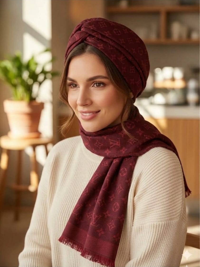 W White Stars Lv Desen Çift Taraflı Pamuklu Şal görsel 3