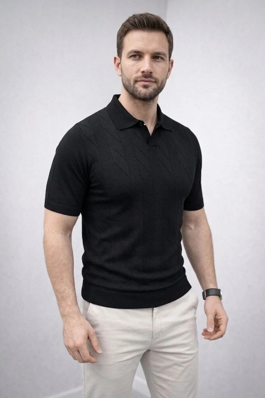 Tarz Yeri Erkek Yazlık Triko Dokuma Tişört Kısa Kol Polo Yaka T-Shirt - Siyah görsel 2