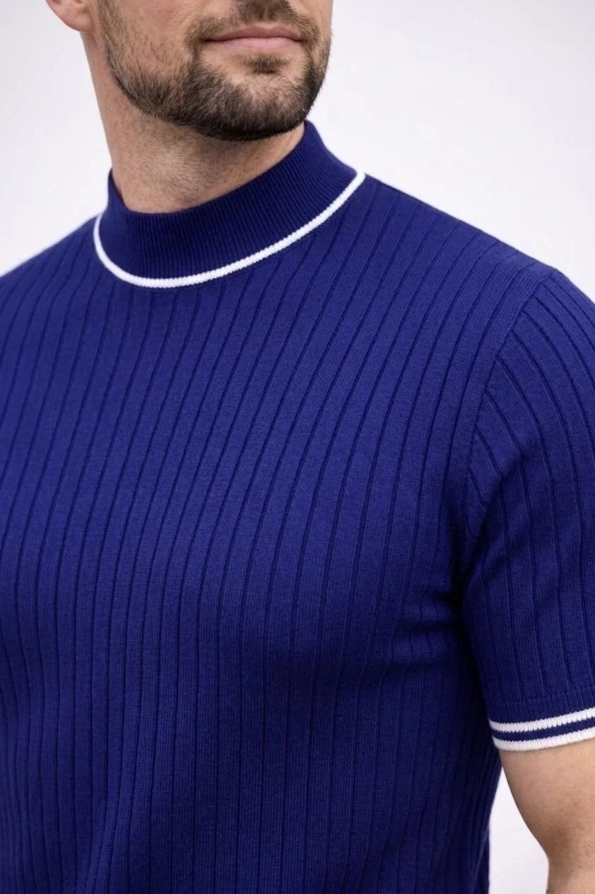 Tarz Yeri Erkek Fitilli Triko Dokuma Kısa Kol Tişört Yarım Boğaz Modern Yazlık T-Shirt - Lacivert görsel 5