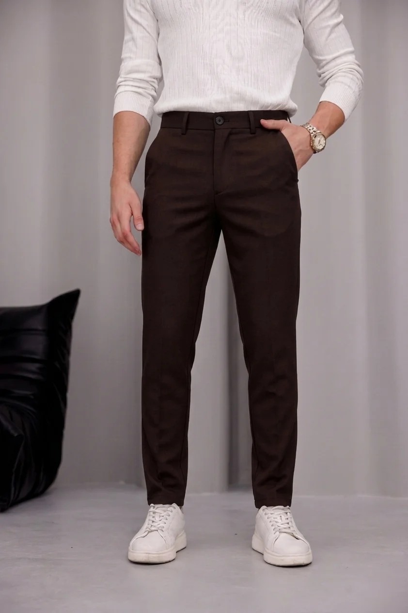 Modamesto Erkek Siyah Slim Fit Dar Kesim Likralı Yan Cep Bilek Boy Düz Kumaş Pantolon