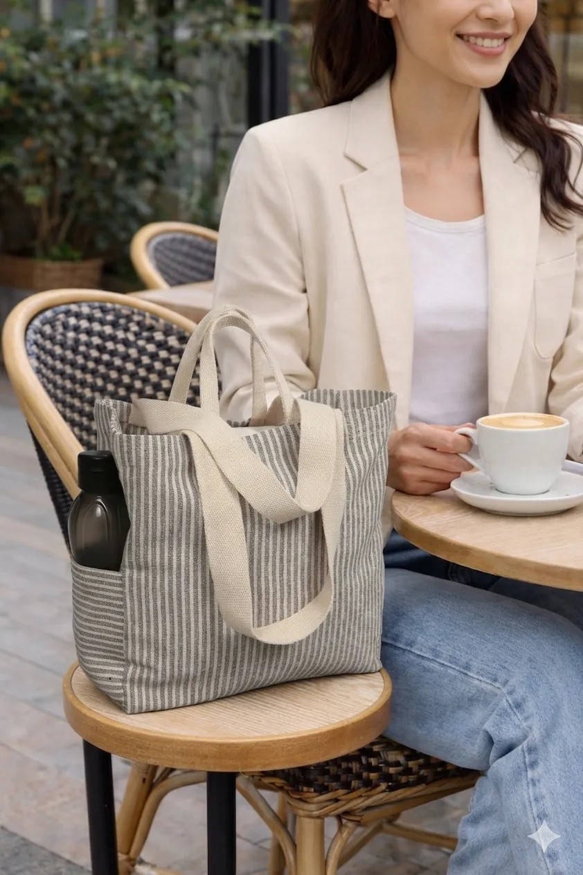 Faralya Life Çıtçıtlı Çift Saplı Kısa ve Uzun Sap Siyah Çizgili %70 Pamuk %30 Polyester Çift Cepli 50*42 Ölçüde Omuz Çantası Çok Amaçlı Kadın Çanta Plaj Çantası görsel 3