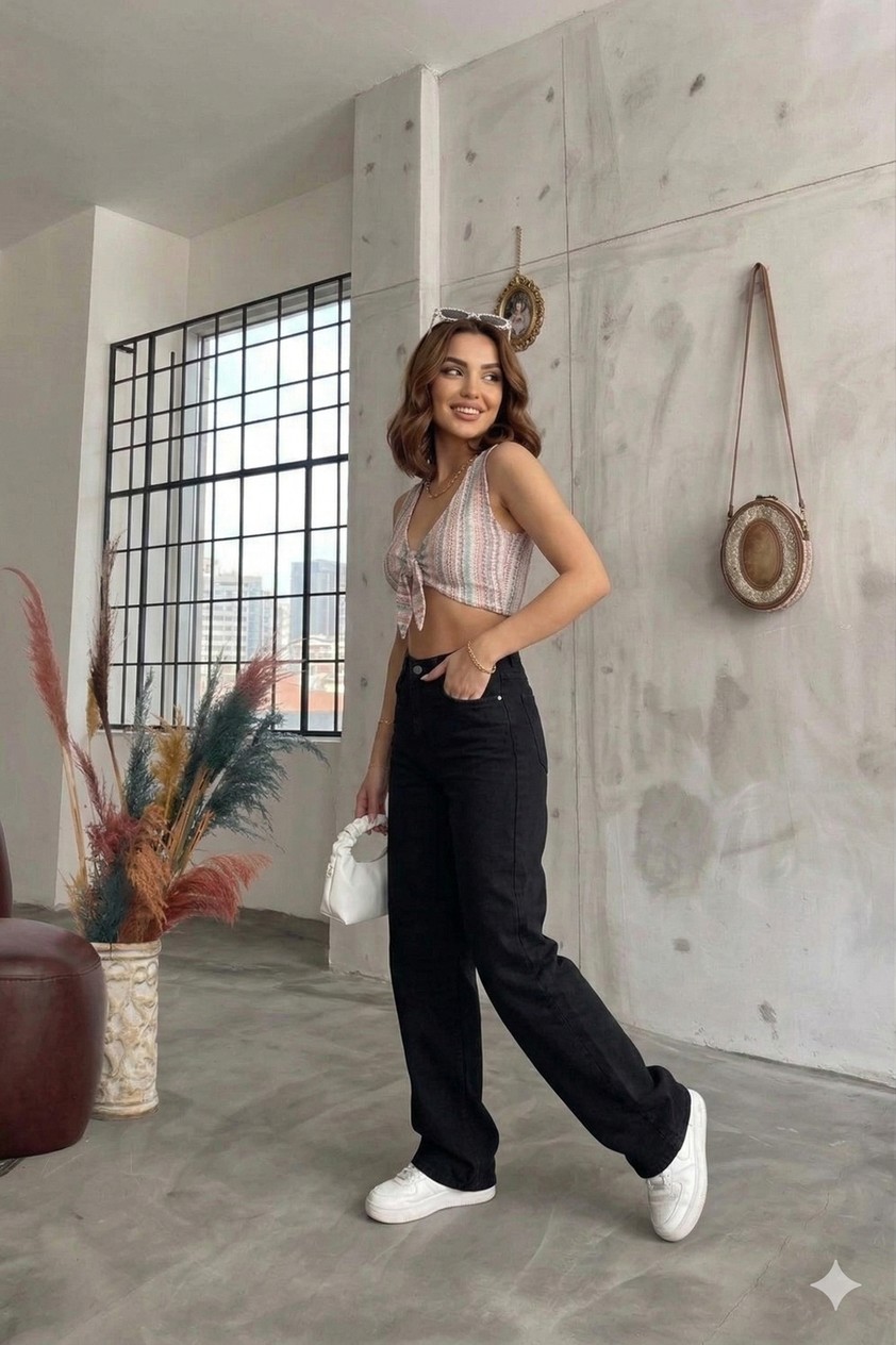 Layal My Beauty Alice Kadın Palazzo Power Likralı Süper Yüksek Bel Salaş Jeans Kot Pantolon görsel 2