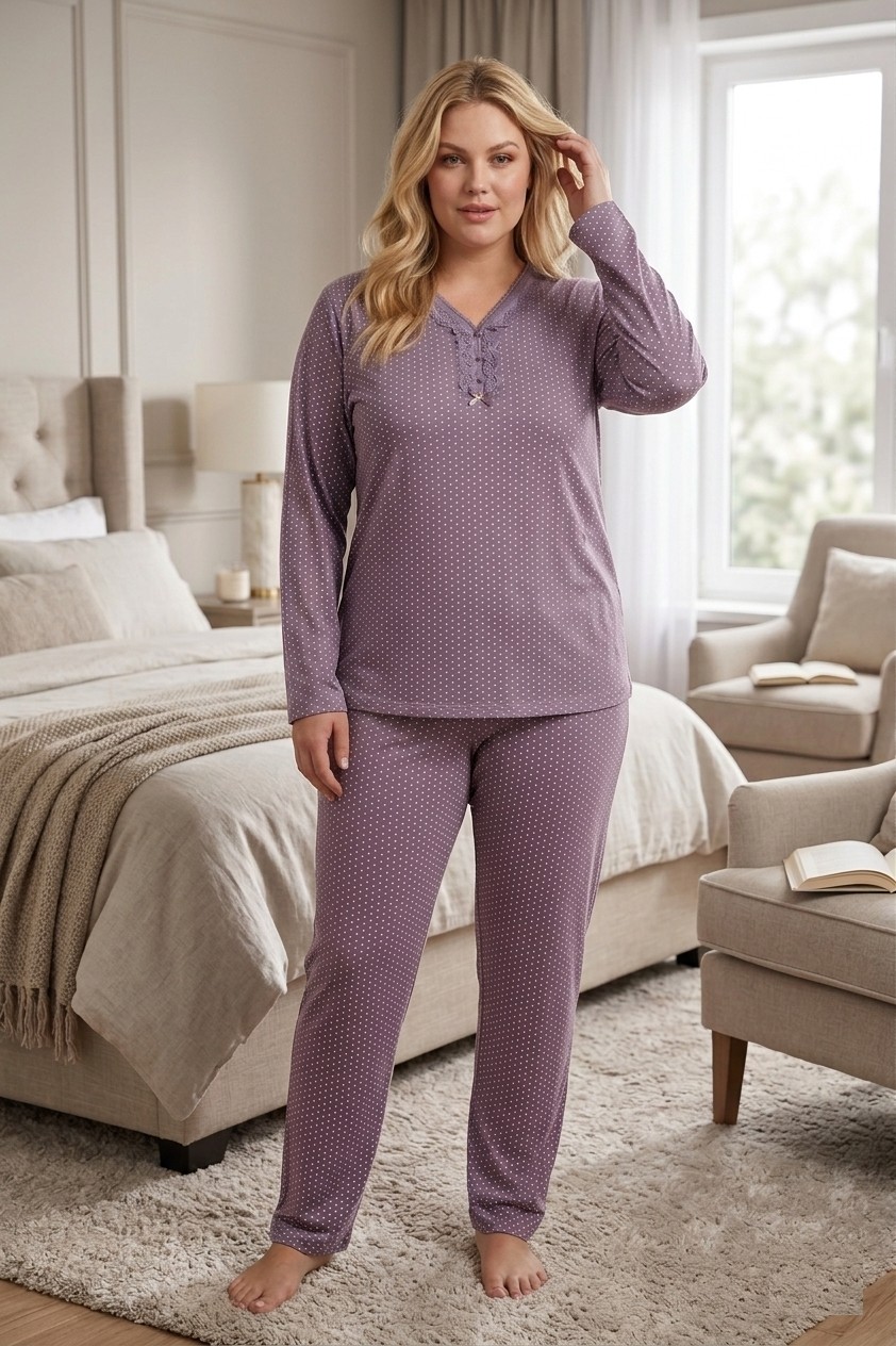 Temporium Kadın Büyük Beden Yakası Dantelli Uzun Kollu Bambu Pijama Takımı görsel 3
