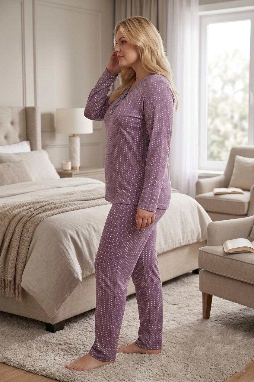Temporium Kadın Büyük Beden Yakası Dantelli Uzun Kollu Bambu Pijama Takımı görsel 4