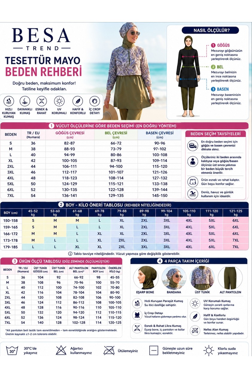 Besa Tesettür Mayo Dijital Desenli Siyah 3 Parça Bone, Üst, Alt Takım Ten ve Vücut Hatlarını Göstermez görsel 8