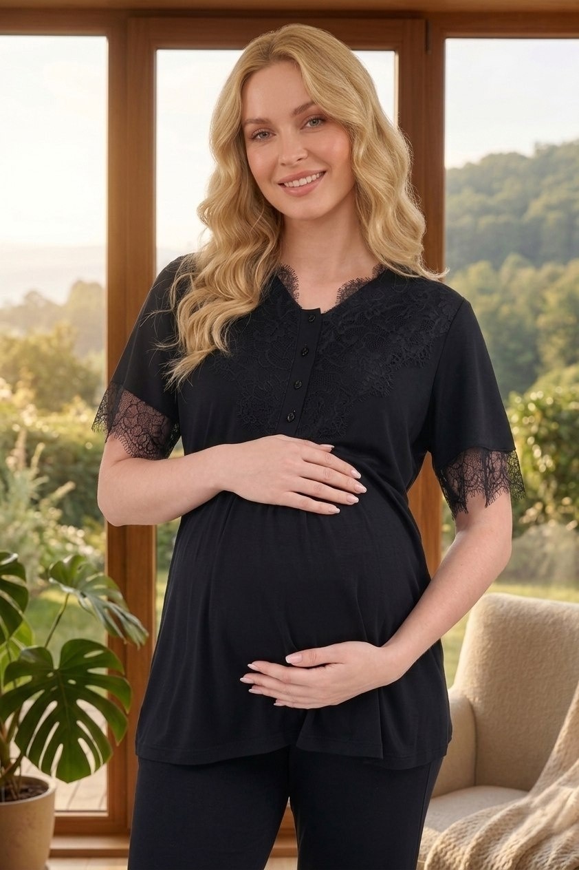 raia Yeni Sezon Siyah Şık Dantelli Yazlık Desenli Kısa Kol Hamile Lohusa Sabahlık Pijama Takım 3lü Set görsel 3