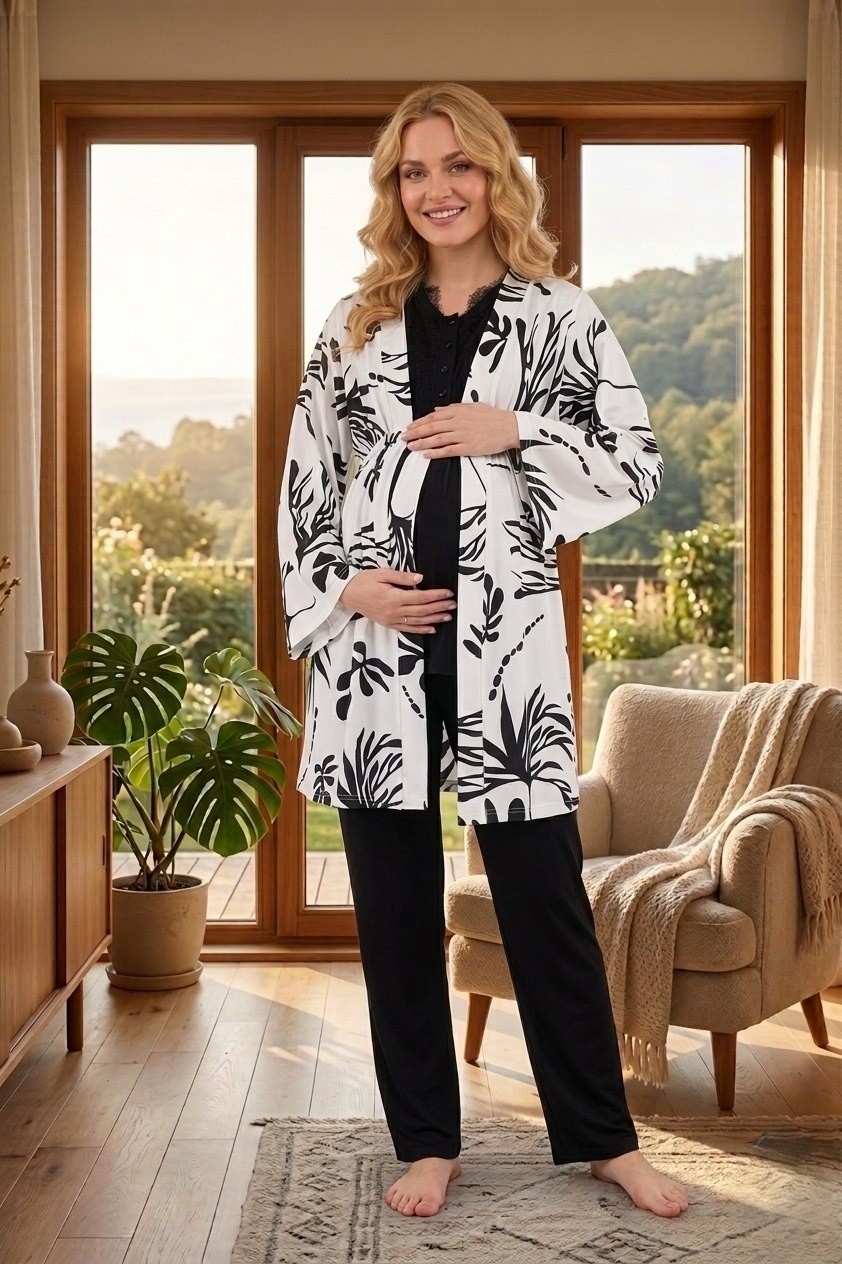 raia Yeni Sezon Siyah Şık Dantelli Yazlık Desenli Kısa Kol Hamile Lohusa Sabahlık Pijama Takım 3lü Set görsel 4